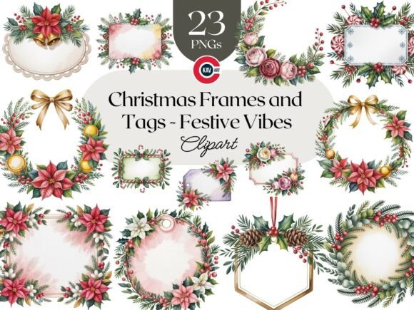 Elevate Your Holiday Designs with a Premium Christmas Floral Frame Clipart Bundle