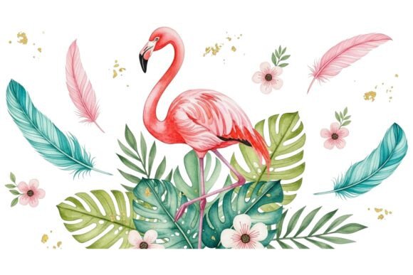 Pink Flamingo Tropical Floral Set