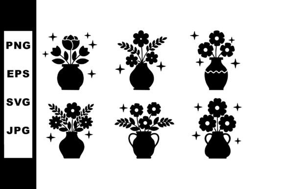 Strategic Visual Communication with Six Black Silhouette Flower Vase Vector Assets